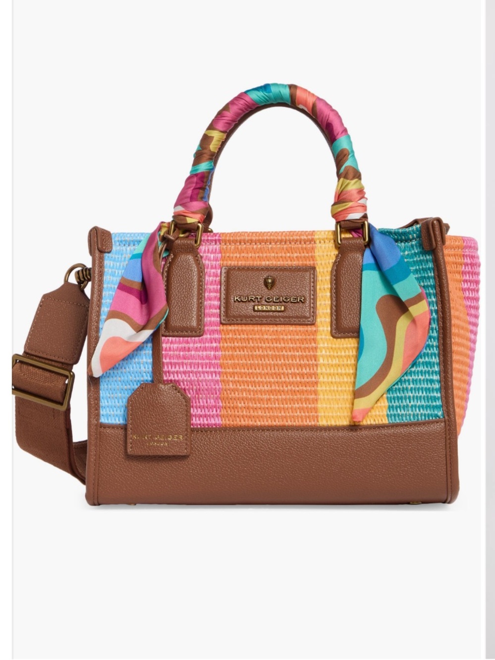 Kurt Geiger Multicolor Stripe Raffia Satchel with Brown Trim and Scarfed Handle
